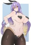  1girl animal_ears areola_slip blonde_hair breasts closed_mouth colored_inner_hair completely_nude hair_between_eyes heart_pasties highres hololive hololive_indonesia large_breasts long_hair meme_attire moona_hoshinova multicolored_hair myumi navel nude pantyhose pasties purple_hair rabbit_ears reverse_bunnysuit reverse_outfit shaded_face simple_background virtual_youtuber wrist_cuffs 