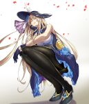  1girl 627247421 absurdly_long_hair absurdres bare_shoulders black_footwear black_pantyhose blonde_hair blue_dress blue_flower blue_gloves blue_headwear blue_rose closed_eyes closed_mouth dress falling_petals flower full_body gloves hat high_heels highres jewelry langrisser langrisser_ii langrisser_mobile long_hair official_alternate_costume pantyhose petals rana_(langrisser) rose simple_background smile solo squatting thighband_pantyhose very_long_hair white_background 