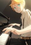  absurdres aqua_eyes belt black_necktie black_pants blonde_hair blurry bon_bon_eee brown_belt buttons collar depth_of_field foreshortening frilled_collar frills grand_piano grin highres instrument kagamine_len looking_at_viewer looking_to_the_side miku_symphony_(vocaloid) music necktie pants perspective piano playing_instrument playing_piano pleated_collar shirt short_hair short_necktie short_sleeves sitting smile spiked_hair suspenders vocaloid white_shirt 
