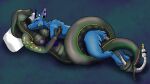  ampwave anthro black_body blue_body breasts coiling cuddling cute_expression duo female happy hi_res irridescent male male/female markings reptile scalie snake thehatredburrito 