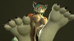  3d_(artwork) 4_toes ailurid anthro black_hair breasts claws clothed clothing digital_media_(artwork) feet female foot_fetish foot_focus fur green_hair hair hand_on_breast looking_at_viewer mammal multicolored_body multicolored_hair nipples nude orange_body red_panda simple_background smile solo source_filmmaker tan_body toes topless two_tone_hair vega_(artica) white_body 
