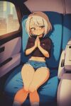  1girl black_dress blonde_hair blush car car_interior covered_nipples dress ground_vehicle highres looking_away looking_down messy_hair motor_vehicle non-web_source retro_artstyle short_hair shorts thick_thighs thighs 