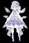  1girl alternate_costume aqua_hair bangs beret black_background blue_bow blue_bowtie blue_dress blue_eyes blue_footwear bow bowtie center_frills cirno closed_mouth commentary dress frilled_shirt_collar frills full_body hat hat_bow highres ice ice_wings long_sleeves looking_at_viewer mary_janes medium_hair nikorashi-ka shirt shoes skirt socks solo star_(symbol) star_print symbol-only_commentary touhou white_bow white_shirt white_skirt white_socks wings 