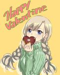  1girl bangs blonde_hair blue_eyes braid breasts candy chocolate covered_mouth earrings eden&#039;s_zero food green_sweater happy_valentine heart heart-shaped_chocolate highres holding holding_chocolate holding_food jewelry large_breasts long_hair long_sleeves looking_at_viewer mashima_hiro nail_polish official_art rebecca_bluegarden ribbed_sweater smile solo sweater twin_braids upper_body valentine yellow_background yellow_nails 