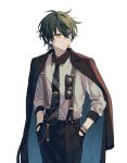  1boy black_coat black_gloves black_necktie black_pants blue_eyes closed_mouth coat coat_on_shoulders collared_shirt cowboy_shot dark_green_hair ensemble_stars! expressionless eyewear_hang eyewear_removed gloves grey_shirt hair_between_eyes hands_in_pockets heterochromia highres kagehira_mika kaminokefusa looking_to_the_side male_focus necktie pants print_necktie shirt short_hair simple_background sleeves_past_elbows solo sunglasses suspenders tie_clip watch white_background wristwatch yellow_eyes 