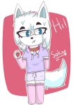  absurd_res anthro arctic_fox arctic_wolf armwear blue_eyes blue_hair canid canine canis clothing female female/female footwear fox fur hair hi_res legwear male male/female mammal pawpads pink_clothing pink_pawpads red_pawpads sakne socks solo sweatshirt thigh_highs white_body white_fur white_hair wolf 