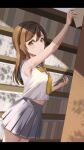  1girl arm_up bare_arms blush book breasts brown_hair check_commentary commentary commentary_request from_side gorilla-shi hair_between_eyes highres holding holding_book kunikida_hanamaru library long_hair looking_at_viewer love_live! love_live!_sunshine!! medium_breasts midriff_peek parted_lips school_uniform shelf sidelocks solo summer_uniform uranohoshi_school_uniform yellow_eyes 