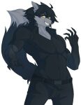  adro_(alldropped) alldropped anthro black_body black_fur black_hair bottomwear canid canince canine canis claws clenched_teeth clothing fur hair hi_res male mammal muscular muscular_male pants shirt solo teeth topwear yellow_eyes 