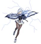  aiming bangs belt black_gloves counter:side electricity full_body fur_trim gaeun_(counter:side) gloves gun highres holding holding_gun holding_weapon holster holstered_weapon jacket long_hair long_sleeves pantyhose pleated_skirt pointing_weapon skirt weapon white_background white_hair yellow_eyes 