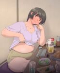  1girl arm_support bangs beer_mug blush breasts character_request chopsticks cleavage closed_mouth collarbone commentary_request copyright_request cup drinking_glass from_side hair_between_eyes ice ice_cube katou_(katohayabusa) large_breasts looking_at_viewer muffin_top mug navel on_floor plate plump shadow short_sleeves sitting solo table thick_thighs thighs 