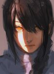  1girl bangs black_hair braid chainsaw_man champi close-up closed_eyes closed_mouth hair_over_one_eye highres long_hair looking_at_viewer nayuta_(chainsaw_man) portrait red_eyes sidelocks simple_background single_braid solo sunlight swept_bangs yellow_eyes 