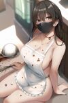  1girl absurdres apron bangs bare_arms bare_shoulders black_hair blush breasts brown_eyes chocolate choker cleavage collarbone covered_mouth ear_piercing from_above highres konata_(kankin_jk) large_breasts long_hair looking_at_viewer mask mishiranu_joshikousei_ni_kankin_sareta_mangaka_no_hanashi mouth_mask nail_polish paid_reward_available piercing purple_nails red_choker ryouma_(galley) short_shorts shorts sitting solo tearing_up thighs wariza whisk white_apron 