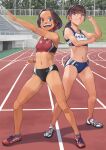  2girls :d black_hair breasts buruma day fang henshin_pose highres kamen_rider midriff multiple_girls original otsu_natsu outdoors pink_eyes ponytail purple_eyes running_track small_breasts smile tan tanlines track_and_field track_uniform 