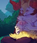 absurd_res against_natural_surface against_surface against_tree anthro big_breasts blush bodily_fluids braixen breast_milking breasts breasts_squish canid cheek_tuft facial_tuft female fur generation_6_pokemon hi_res inner_ear_fluff lactating mammal milk nature nintendo nipples nude nyankyun540 one_eye_closed outside plant pokemon pokemon_(species) sitting solo tree tuft white_body white_fur yellow_body yellow_fur 