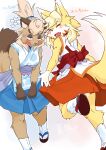  2girls ^_^ animal_ear_fluff animal_ears animal_nose bangs bare_shoulders blonde_hair blue_hakama blue_trim blush body_fur breasts brown_footwear brown_fur character_name closed_eyes commentary_request embarrassed facial_mark facing_viewer fang fox_ears fox_girl fox_tail from_behind furry furry_female hair_tie hakama hakama_short_skirt hakama_skirt half-closed_eyes happy highres hip_vent japanese_clothes kame_(3t) kimono kneepits leaning_forward leg_up looking_back medium_breasts medium_hair miko multiple_girls obi open_mouth orange_trim original outline partial_commentary raccoon_ears raccoon_girl raccoon_tail red_hakama rin-chan_(kame_(3t)) sandals sash shide shy sidelocks sideways_mouth simple_background skirt sleeveless sleeveless_kimono smile snout socks standing standing_on_one_leg swept_bangs tabi tail tail_raised thick_eyebrows topknot translated two-tone_fur whisker_markings white_eyes white_fur white_kimono white_outline white_socks yellow_fur yun-chan_(kame_(3t)) 