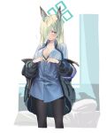  1girl animal_ear_fluff animal_ears armband bed black_bra black_jacket black_pantyhose blonde_hair blue_archive blue_eyes blue_necktie blue_shirt bra breasts cleavage collared_shirt extra_ears hair_over_one_eye halo highres jacket kanna_(blue_archive) long_hair looking_to_the_side necktie ningen_(ningen96) no_pants off_shoulder pantyhose partially_unbuttoned shirt standing underwear 