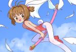  1girl animal_ears antenna_hair bangs bare_shoulders blue_sky blurry blush brown_hair cardcaptor_sakura cloud cloudy_sky depth_of_field dot_nose fake_animal_ears fake_tail feathers flat_chest flying foot_out_of_frame from_side green_eyes hair_bobbles hair_intakes hair_ornament highres holding holding_staff kinomoto_sakura leotard looking_at_viewer mary_janes medium_hair open_mouth orenji_(wholesomeorenji) outdoors pantyhose playboy_bunny rabbit_ears rabbit_tail red_footwear red_leotard shoes short_ponytail side_ponytail sky smile solo staff staff_riding straight_hair strapless strapless_leotard tail white_pantyhose winged_staff 