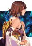  1girl back_bow bow bra_strap brown_hair detached_sleeves final_fantasy final_fantasy_x from_side hakama hakama_skirt hungry_clicker japanese_clothes obi print_hakama purple_hakama sash short_hair skirt solo upper_body yuna_(ff10) 