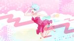  1girl bare_arms bare_legs barefoot blue_eyes blue_hair breasts cleavage dress full_body hand_in_own_hair highres jumping jungtsao_tw legs looking_at_viewer multicolored_hair one_eye_closed open_mouth pink_dress short_hair 