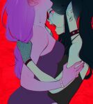  2girls adventure_time black_hair blush colored_skin ear_blush ear_piercing fangs grey_skin imminent_bite marceline_abadeer multiple_girls omy-chan piercing pink_hair pink_skin pointy_ears princess_bonnibel_bubblegum red_eyes vampire yuri 