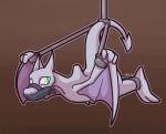  2023 2_horns 2_toes aerodactyl ambiguous_gender anthro arms_tied blue_eyes bound brown_background feet fossil_pokemon gag gagged generation_1_pokemon green_eyes grey_body grey_horn grey_scales horn nintendo pink_eyes pokemon pokemon_(species) purple_body purple_scales raised_tail scales scalie simple_background solo spade_tail spiral_eyes spread_eagle spread_wings tail talons toes ultilix white_eyes winged_arms wings 
