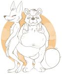  animal_crossing anthro balls belly big_balls blush canid canine covering covering_crotch crazy_redd cross-popping_vein duo flaccid fox genitals hi_res line_art male male/male mammal navel nintendo nude overweight penis raccoon_dog steam tanuki tbid tom_nook_(animal_crossing) towel 