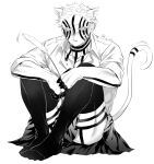  1boy akaza_(kimetsu_no_yaiba) animal_ears between_legs blush cat_boy cat_ears cat_tail cattail collarbone collared_shirt colored_sclera contemporary convenient_leg crossdressing embarrassed extra_ears eyelashes facial_mark facial_tattoo full-body_tattoo full_body greyscale highres holding kimetsu_no_yaiba knees_up lins_sana looking_at_viewer male_focus monochrome no_shoes plant school_uniform shirt short_hair simple_background sitting skirt sleeves_rolled_up solo striped_tail tail tattoo text_in_eyes toned toned_male twitter_username 