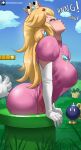  1girl ?_block absurdres ass blonde_hair blue_sky blush bob-omb breasts closed_eyes closed_mouth cloud commentary crown day dress earrings echo_saber elbow_gloves english_commentary from_side gloves highres jewelry large_breasts lips long_hair mario_(series) out_of_frame pink_dress pink_lips princess princess_peach profile puffy_short_sleeves puffy_sleeves short_sleeves sky stuck sweat tree warp_pipe white_gloves 