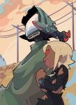  1girl :d bacun blonde_hair breasts canti dark-skinned_female dark_skin flcl freckles heart heart-shaped_eyes highres kitsurubami lovestruck outdoors power_lines smile torn_clothes upper_body 