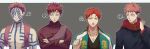  ! ... 4boys :o ? absurdres akaza_(kimetsu_no_yaiba) anger_vein bare_shoulders black_shirt body_writing closed_mouth color_connection colored_eyelashes crop_top crossed_arms crossover ear_piercing eyelashes facial_mark facial_tattoo frown full-body_tattoo furrowed_brow gaara_(naruto) green_eyes grey_background hair_color_connection hand_up harai_kuko highres hypnosis_mic itadori_yuuji jacket jewelry jujutsu_kaisen kimetsu_no_yaiba letterman_jacket looking_at_another looking_at_viewer looking_to_the_side male_focus multicolored_hair multiple_boys multiple_crossover multiple_rings naruto_(series) naruto_shippuuden niezi open_mouth outline pectorals piercing pink_hair pointing pointing_at_self red_hair red_shirt ring shirt short_hair side-by-side sideways_glance sleeveless spoken_anger_vein spoken_ellipsis spoken_exclamation_mark spoken_question_mark tattoo text_in_eyes thumbs_up two-tone_hair undercut white_outline yellow_eyes 