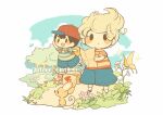  2boys :d :o arm_up arrow_(symbol) backpack bag baseball_cap black_hair blonde_hair blue_shirt blue_shorts blue_sky blush blush_stickers bug butterfly cloud commentary_request day exit_mouse_(mother) flower forest frog grass hat hitofutarai holding holding_map leg_up looking_at_viewer lucas_(mother_3) male_focus map mother_(game) mother_2 mother_3 mouse multicolored_clothes multiple_boys mushroom nature ness_(mother_2) open_mouth outdoors parted_lips path plant quiff red_headwear red_shirt shirt short_hair short_sleeves shorts sideways_hat simple_background sky smile socks solid_oval_eyes sparkle standing standing_on_one_leg striped striped_shirt t-shirt tree tree_stump two-tone_shirt ufo white_background white_socks yellow_shirt 