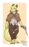  2021 absurd_res anthro barefoot belt biskierisky border capelet claws clothed clothing digitigrade feet front_view frown full-length_portrait fully_clothed grey_claws gun gunslinger handgun hi_res holding_gun holding_handgun holding_object holding_revolver holding_weapon holster horn kobold looking_at_viewer male portrait pupils ranged_weapon revolver scalie scowl simple_background slit_pupils snaggle_tooth standing tan_background weapon white_border yellow_eyes 