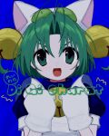  1girl animal_hat antenna_hair apron bangs bell blue_background blue_dress cat_hat copyright_name dejiko di_gi_charat dot_nose dress frilled_apron frills ganbaru_pose green_eyes green_hair hair_bell hair_ornament hair_ribbon hands_up hat highres jingle_bell light_blush looking_at_viewer maid_apron open_mouth parted_bangs pepeppepe101 puffy_short_sleeves puffy_sleeves reiwa ribbon short_hair short_sleeves smile solo straight-on translated two_side_up upper_body v-shaped_eyebrows white_mittens 