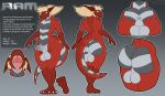  3_toes 5_fingers absurd_res anthro avian balls big_balls big_butt big_penis butt claws digital_media_(artwork) feet fingers genitals hair hi_res humanoid_genitalia humanoid_penis hybrid male markings model_sheet nipples nude open_mouth penis ram_(reptilligator) red_body red_scales reptile reptilligator scales scalie sharp_teeth simple_background striped_body striped_markings striped_tail stripes tail tail_markings teeth text thick_thighs toes tongue wide_hips 