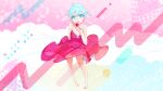  1girl bare_arms bare_legs barefoot blue_eyes blue_hair breasts cleavage dress food fruit full_body highres holding holding_food jungtsao_tw legs looking_at_viewer multicolored_hair open_mouth pink_dress short_hair strawberry thighs 