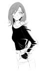  1girl absurdres belt collarbone commentary_request cowboy_shot earrings greyscale hands_in_pockets highres jewelry light_smile looking_to_the_side medium_hair monochrome original simple_background sleeves_past_wrists solo stud_earrings sweater sweater_tucked_in vice_(kuronekohadokoheiku) 