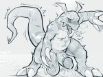  2022 anthro ball_fondling balls bandai_namco big_balls big_penis biped blush bodily_fluids claws digimon digimon_(species) digital_media_(artwork) erection finger_claws fondling foreskin genitals greyscale guilmon hi_res huge_balls huge_penis humanoid_genitalia humanoid_penis hyper hyper_balls hyper_genitalia majmajor male monochrome penis retracted_foreskin solo sweat toe_claws tongue tongue_out 