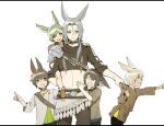  1boy 4others animal_ears annoyed avatar_(ff14) bangs blonde_hair brown_hair carrying child choker collar_tug commentary_request cropped_shirt crying fang final_fantasy final_fantasy_xiv frown green_eyes green_hair grey_hair hair_between_eyes hair_over_one_eye long_hair long_sleeves looking_at_viewer multiple_others navel niboshi_kom open_mouth parted_bangs piggyback pointing ponytail short_hair swept_bangs tears viera white_background yellow_eyes 