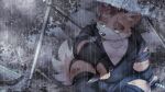  2023 anthro blood bodily_fluids canid canine canis clothed clothing detailed_background domestic_dog hi_res kemono kinoshita-jiroh male mammal ninja outside raining scar sitting slightly_chubby solo warrior weapon 