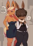  2023 absurd_res anthro black_nose blush brown_hair clothed clothing dialogue digital_media_(artwork) duo eevee eeveelution english_text female fingers flareon fur generation_1_pokemon hair hi_res honeycalamari nintendo pokemon pokemon_(species) text 