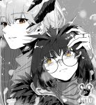  2girls arknights bangs blush commentary_request duodongzhengertong fur-trimmed_jacket fur_trim glasses grey_background hair_between_eyes hand_on_another&#039;s_head highres horns jacket jewelry long_hair long_sleeves monochrome multiple_girls orange_eyes parted_lips ring round_eyewear saria_(arknights) scarf signature silence_(arknights) spot_color upper_body 
