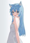  1girl absurdres animal_ear_fluff animal_ears bangs bare_shoulders blue_eyes blue_hair blush cat_ears commentary_request dress frilled_dress frills from_side gradient_background highres long_hair looking_at_viewer looking_to_the_side nagisa_(cxcx5235) open_mouth original solo very_long_hair white_background white_dress 