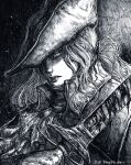  1girl armor artist_name bloodborne bluestraycatart commentary gloves graphite_(medium) greyscale hat highres holding holding_sword holding_weapon jewelry lady_maria_of_the_astral_clocktower long_hair looking_at_viewer monochrome pendant rakuyo_(bloodborne) shoulder_armor signature sketch solo sword traditional_media tricorne weapon white_hair 