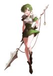  1girl :d armor bare_legs belt black_belt black_footwear boots breastplate commentary_request dress earrings fee_(fire_emblem) fire_emblem fire_emblem:_genealogy_of_the_holy_war full_body green_dress green_eyes green_hair hanabana_cho headband highres hoop_earrings jewelry looking_at_viewer open_mouth pauldrons polearm short_dress short_hair short_sleeves shoulder_armor simple_background smile solo spear thighs weapon white_background 