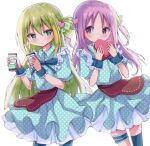  2girls alina_gray alternate_costume apron bangs blue_dress blush closed_mouth collared_dress dot_nose dress green_eyes green_hair hair_between_eyes hair_ornament heart highres holding long_hair looking_at_another magia_record:_mahou_shoujo_madoka_magica_gaiden mahou_shoujo_madoka_magica matching_outfit misono_karin multicolored_hair multiple_girls nekokawa21 parted_bangs polka_dot polka_dot_dress puffy_short_sleeves puffy_sleeves purple_eyes purple_hair short_sleeves sidelocks simple_background single_hair_ring straight_hair streaked_hair two_side_up very_long_hair waist_apron white_background wrist_cuffs 