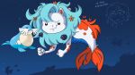  ambiguous_gender bangs blue_hair crown drawfee drawfee_(copyright) duo english_text fakemon felid feral fin fish fist fur generation_3_pokemon hair headgear hi_res hybrid karina_farek lion mammal marine markings nintendo orange_fin orange_markings pantherine pokemon pokemon_(species) sealeo spots spotted_body tail tail_fin text underwater water white_body white_fur 