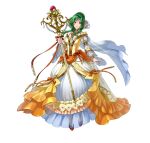 1girl breasts dress elincia_ridell_crimea fire_emblem fire_emblem:_radiant_dawn fire_emblem_heroes frilled_dress frilled_sleeves frills green_eyes green_hair hair_bun high_heels holding holding_staff juliet_sleeves long_sleeves looking_at_viewer medium_breasts official_art puffy_sleeves red_footwear smile solo staff white_background yellow_dress 