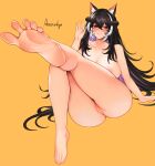  1girl anationkgt animal_ear_fluff animal_ears areola_slip ass barefoot black_hair blush breasts completely_nude feet foreshortening horns large_breasts legs long_hair multicolored_hair nude original red_eyes smile soles solo spread_toes streaked_hair toenails toes yellow_background 