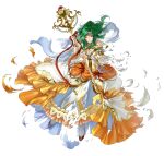  1girl breasts clenched_teeth damaged dress elincia_ridell_crimea fire_emblem fire_emblem:_radiant_dawn fire_emblem_heroes frilled_dress frilled_sleeves frills green_eyes green_hair hair_bun high_heels holding holding_staff juliet_sleeves long_sleeves medium_breasts official_art puffy_sleeves red_footwear solo staff teeth torn_clothes torn_dress white_background yellow_dress 