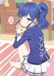  1girl :t aikatsu! aikatsu!_(series) bangs barefoot blue_eyes blue_jacket blurry blurry_background chair commentary_request crossed_legs eyelashes feet from_side full_body hair_ornament hair_scrunchie higashiharakuni indoors jacket kiriya_aoi knees_up long_hair looking_at_viewer looking_to_the_side partial_commentary pleated_skirt ponytail scrunchie shiny_skin simple_background sitting skirt soles solo speech_bubble steepled_fingers thighs toes translated white_skirt wooden_floor 